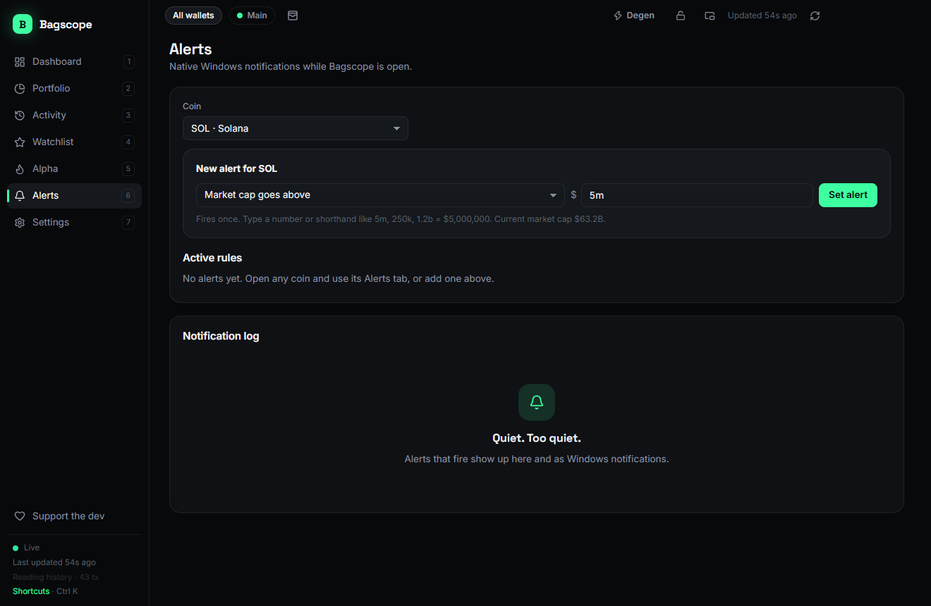 Alerts page with a market cap alert being set using the shorthand 5m