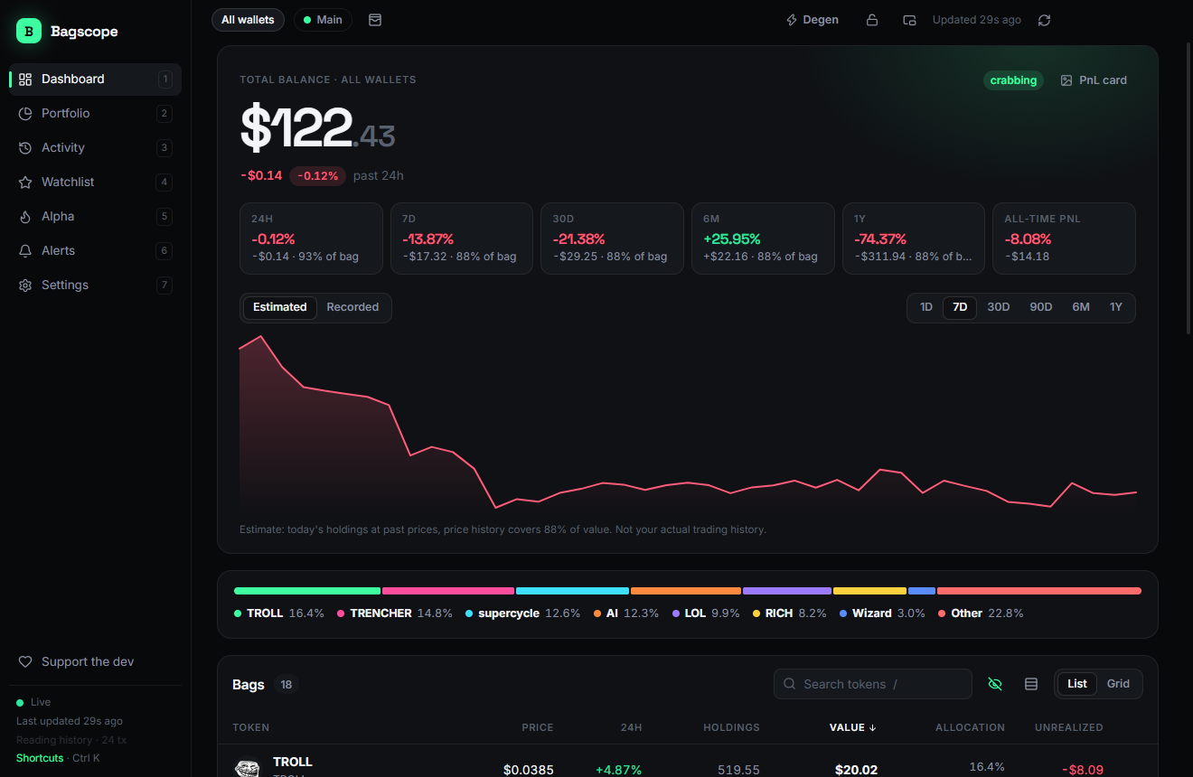 Bagscope dashboard: total balance across wallets, 24h to 1-year performance tiles, a portfolio chart and the allocation bar
