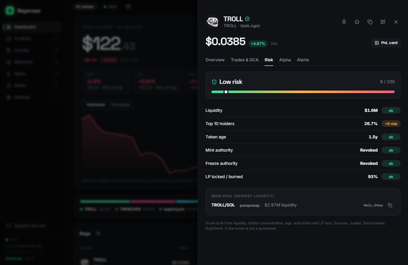 Risk tab showing a Low risk score with each factor: liquidity, top 10 holders, token age, authorities and LP lock