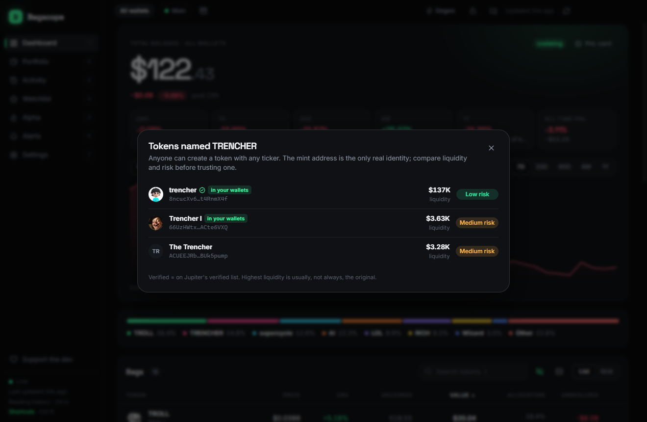 Dialog comparing three different tokens that all use the ticker TRENCHER, by liquidity and risk level